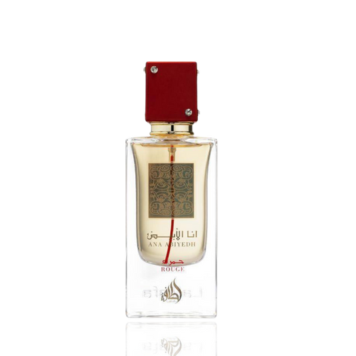 Detaliu flacon Lattafa Ana Abiyedh Rouge apa de parfum, evidențiind capacul, sticla și pulverizatorul premium.