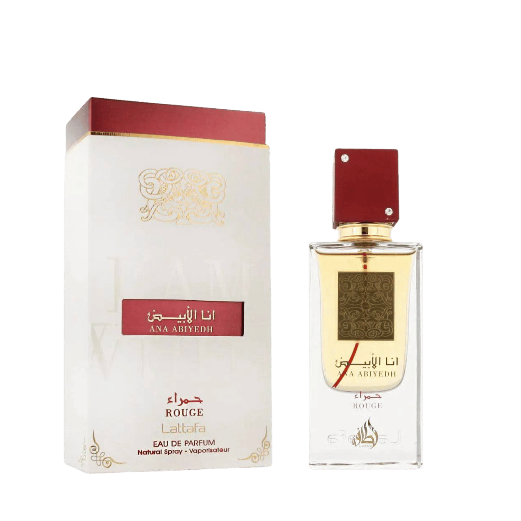 Lattafa Ana Abiyedh Rouge apa de parfum, flacon frontal elegant de parfum unisex oriental.