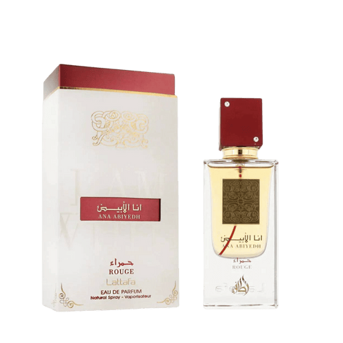 Lattafa Ana Abiyedh Rouge apa de parfum, flacon frontal elegant de parfum unisex oriental.