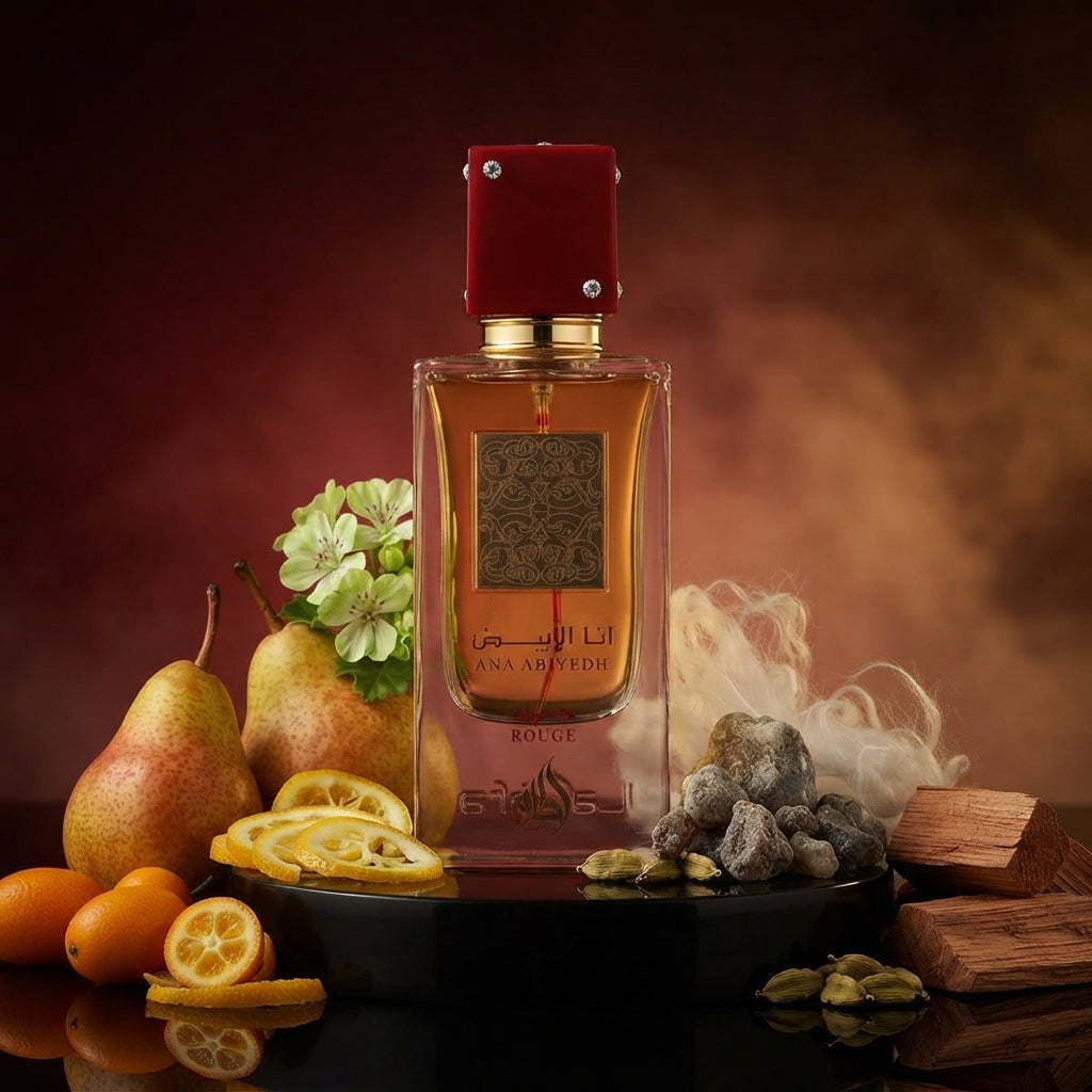 Lattafa Ana Abiyedh Rouge apa de parfum alături de pere, kumquat, ambră cenușie și lemn de cedru.