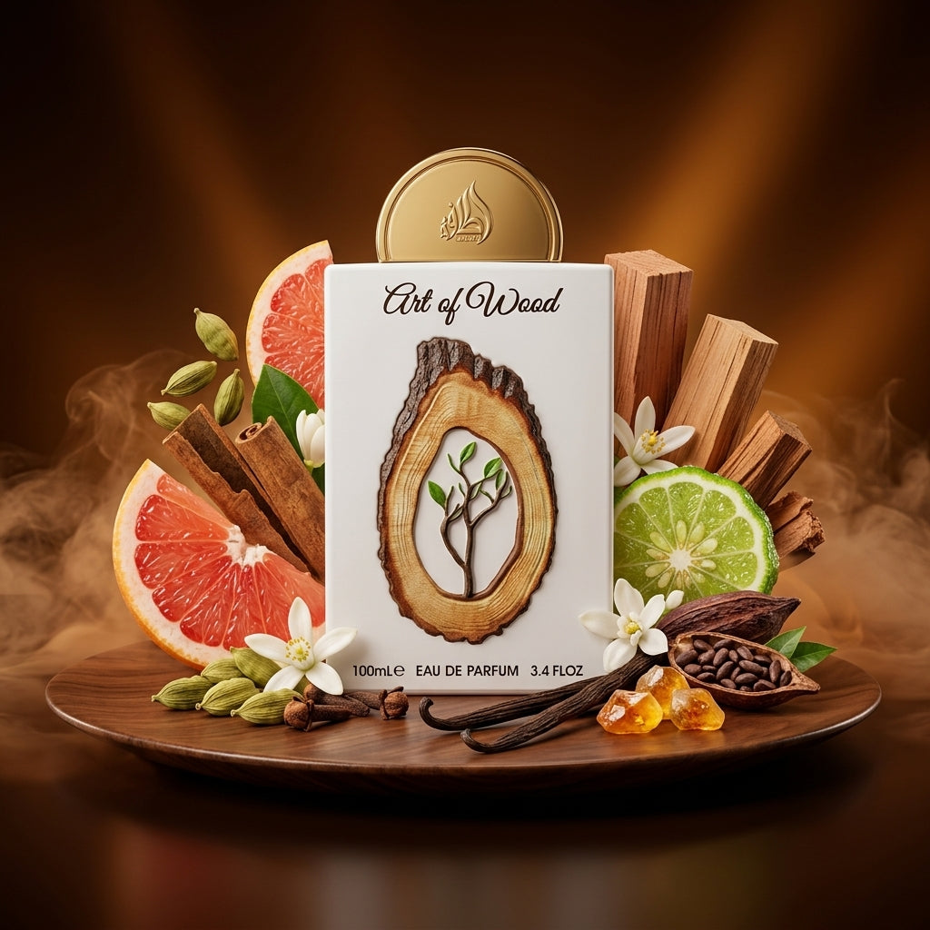 Lattafa Art of Wood apa de parfum, sticla originala prezentata alaturi de grapefruit roz, note lemnoase si pastai de vanilie.
