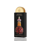 Lattafa Artisan Ethnique apa de parfum, detaliu flacon cu textura geometrica si finisajele premium tridimensionale ale sticlei.