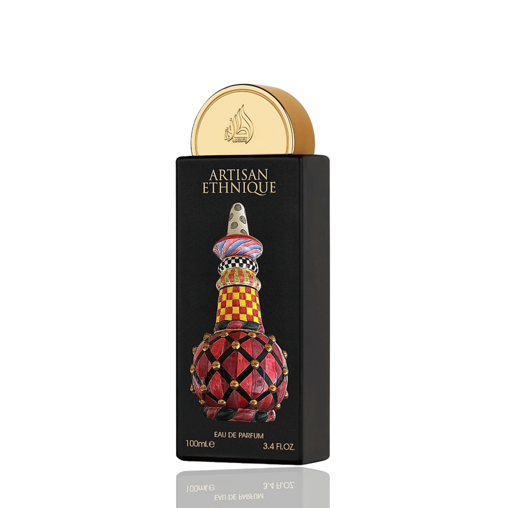 Lattafa Artisan Ethnique apa de parfum, detaliu flacon cu textura geometrica si finisajele premium tridimensionale ale sticlei.