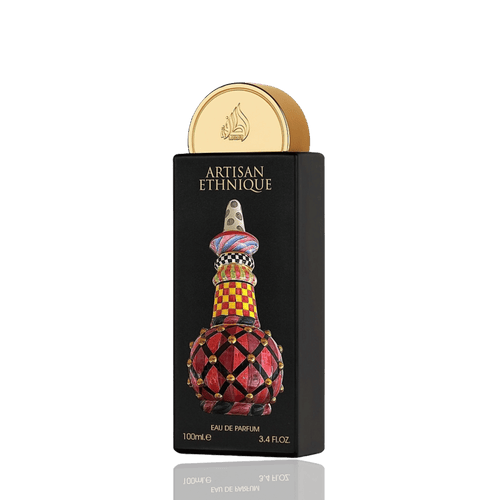Lattafa Artisan Ethnique apa de parfum, detaliu flacon cu textura geometrica si finisajele premium tridimensionale ale sticlei.
