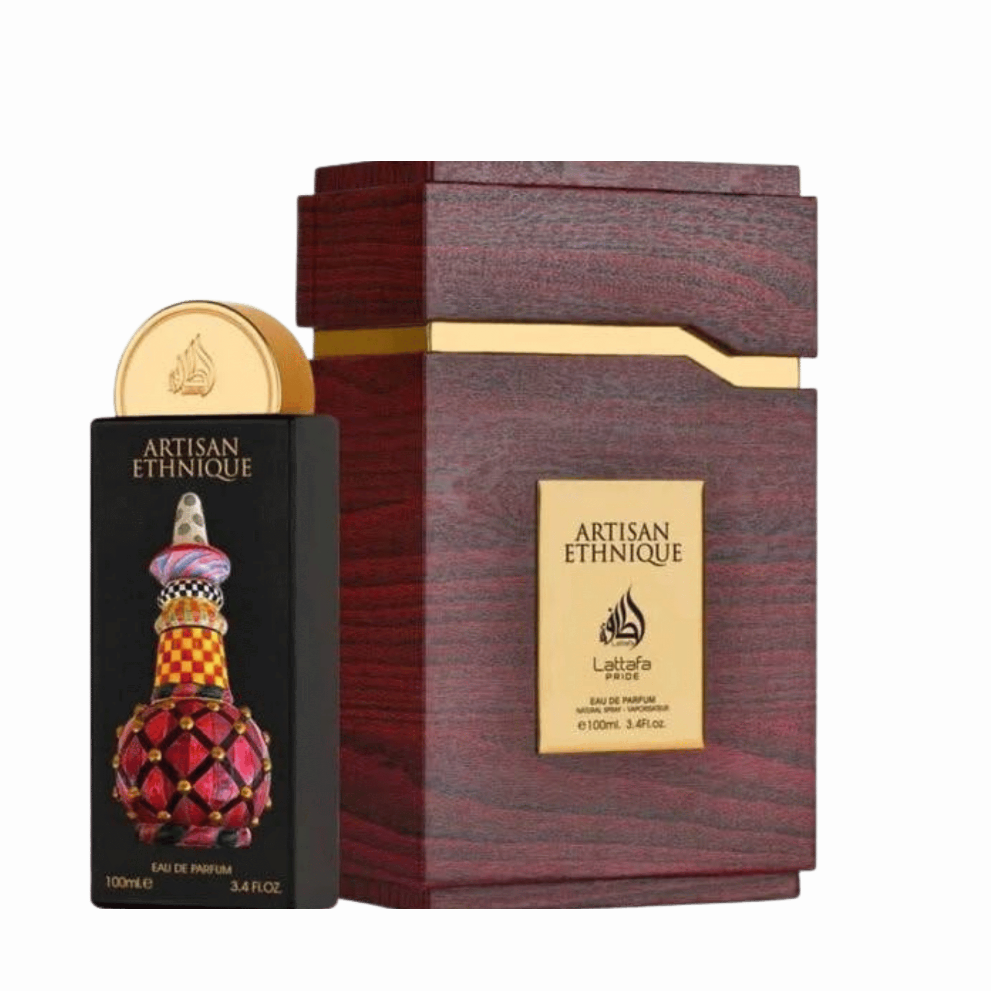 Lattafa Artisan Ethnique apa de parfum unisex, flacon frontal negru mat cu design tridimensional si texturi etnice colorate.