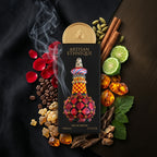 Lattafa Artisan Ethnique apa de parfum prezentat langa batoane de scortisoara, boabe de cafea prajite si rasini de oud.