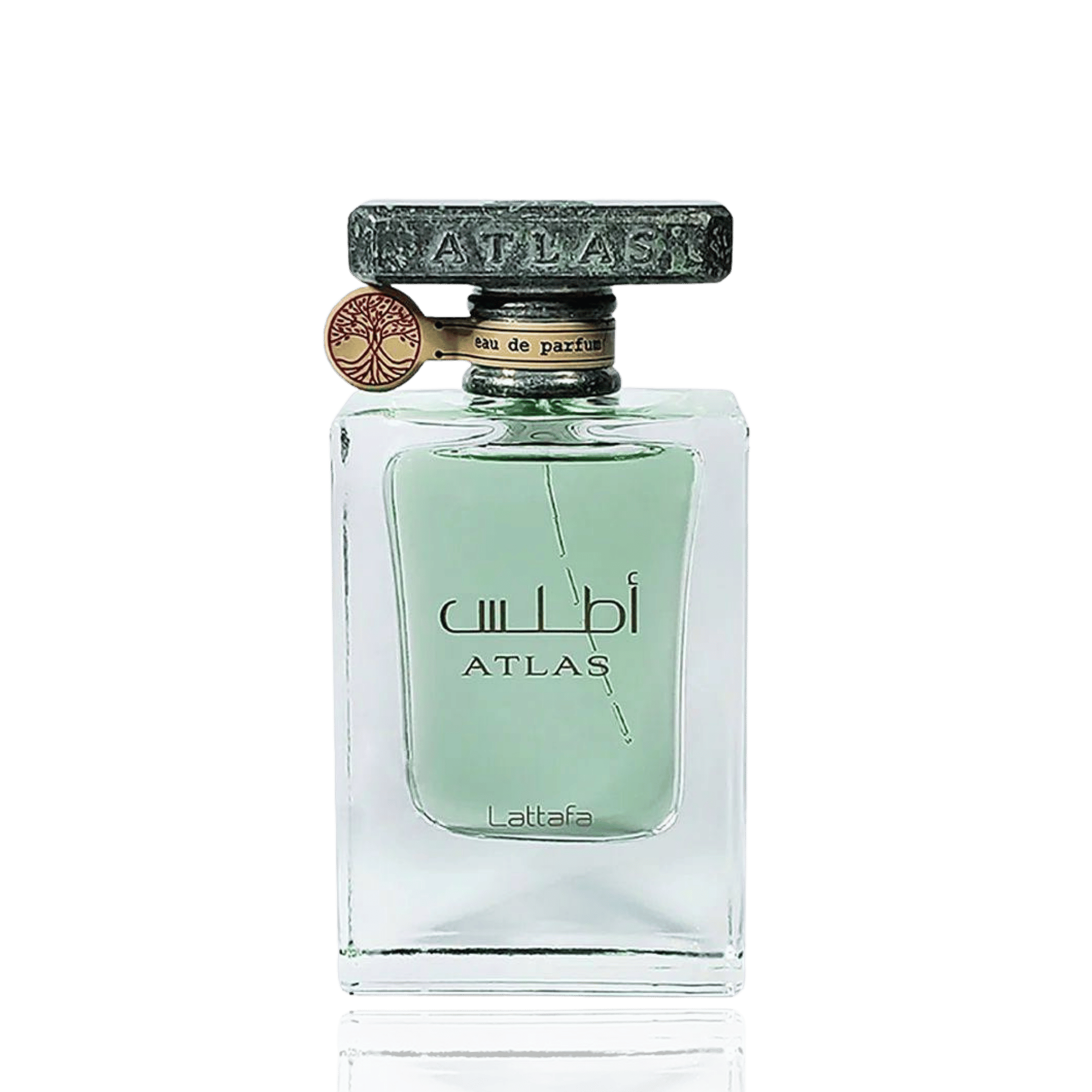 Lattafa Atlas apa de parfum, detaliu macro al capacului masiv cu textura de piatra bruta si al pandantivului Copacul Vietii.