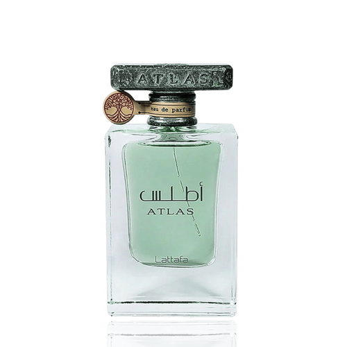 Lattafa Atlas apa de parfum, detaliu macro al capacului masiv cu textura de piatra bruta si al pandantivului Copacul Vietii.