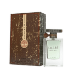 Lattafa Atlas apa de parfum, flacon frontal transparent cu lichid verde-marin, gât cu pandantiv si capac cu textura de piatra.