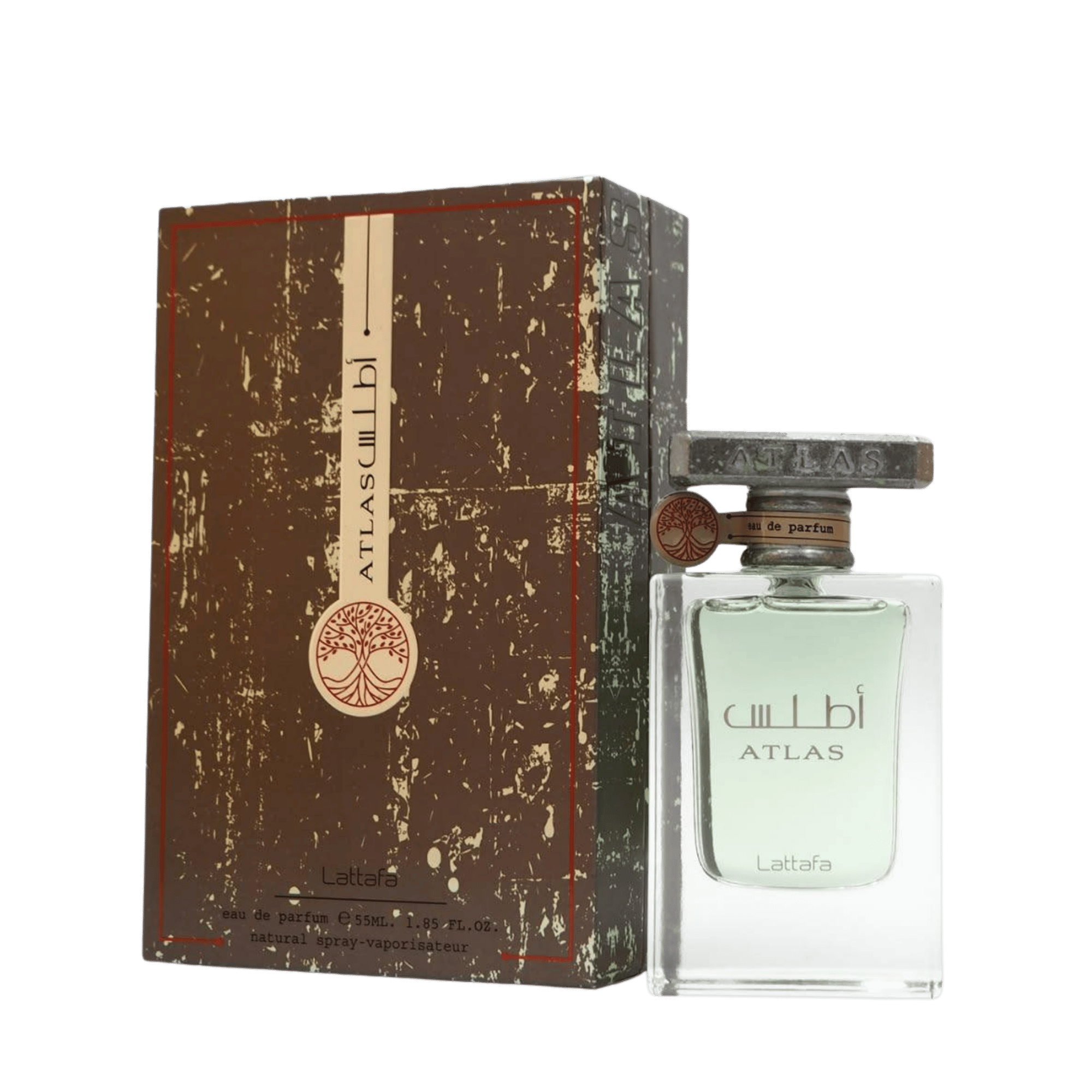 Lattafa Atlas apa de parfum, flacon frontal transparent cu lichid verde-marin, gât cu pandantiv si capac cu textura de piatra.