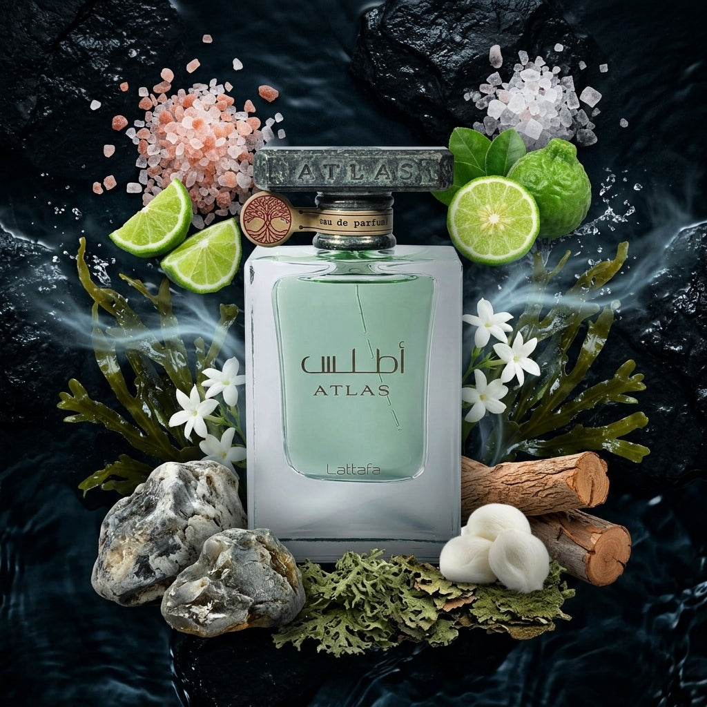Lattafa Atlas apa de parfum prezentat intr-un decor acvatic alaturi de cristale de sare marina, bergamota si alge.