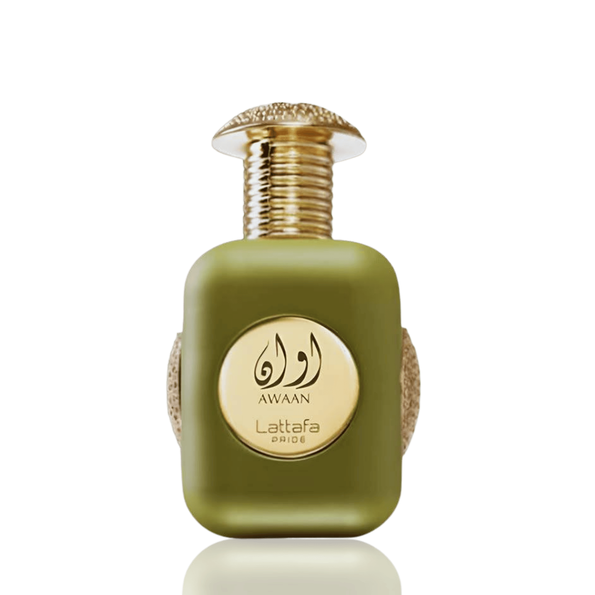 Lattafa Awaan apa de parfum, detaliu macro cu texturile aurii ale marginilor flaconului si capacul maiestuos.