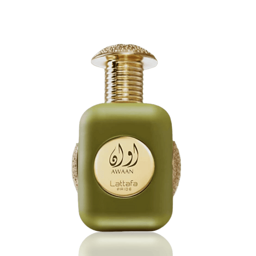 Lattafa Awaan apa de parfum, detaliu macro cu texturile aurii ale marginilor flaconului si capacul maiestuos.