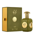 Lattafa Awaan apa de parfum unisex, vedere frontala a flaconului verde masliniu cu detalii aurii si capac stralucitor.