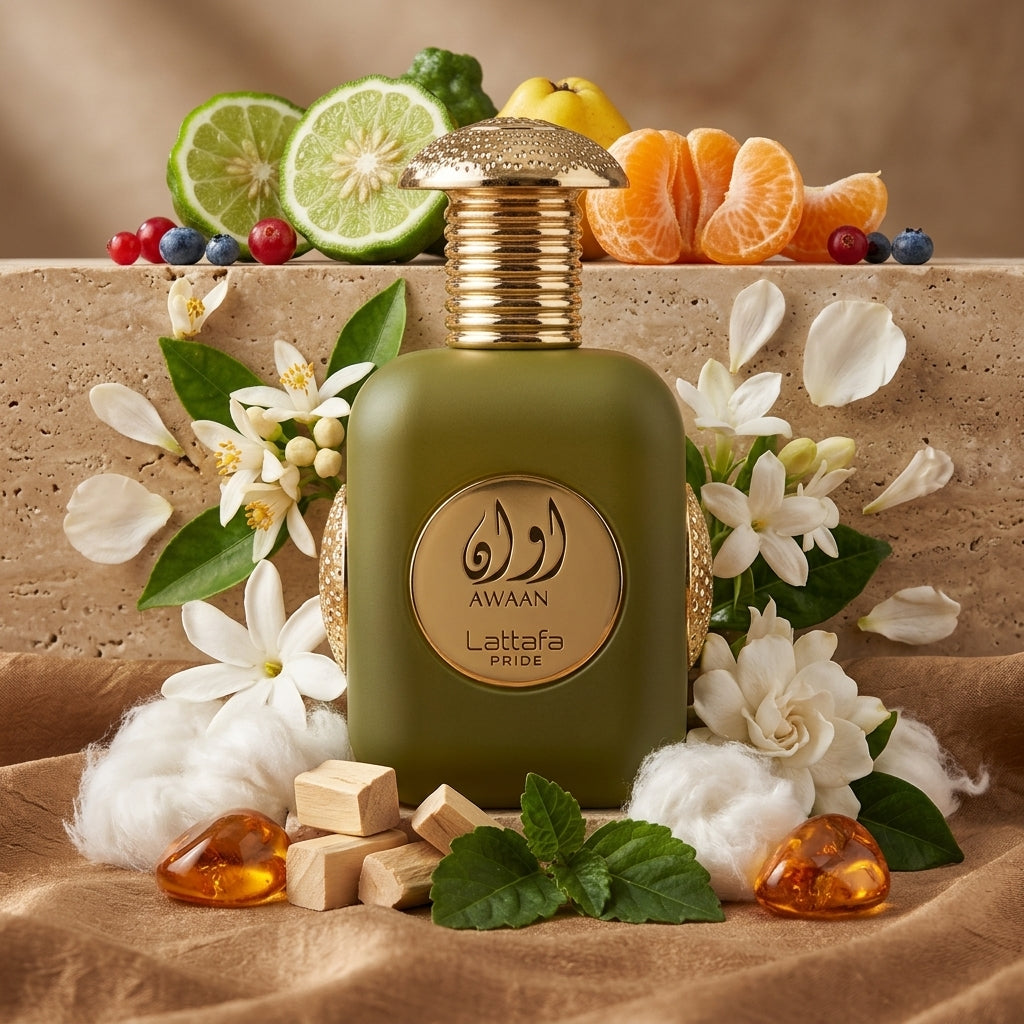 Lattafa Awaan apa de parfum alaturi de bucati de bergamota, mandarine zemoase, flori albe si lemn de santal.