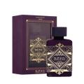 Lattafa Bade'e Al Oud Amethyst apa de parfum, flacon frontal violet regal mat cu ecuson geometric auriu.