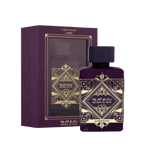 Lattafa Bade'e Al Oud Amethyst apa de parfum, flacon frontal violet regal mat cu ecuson geometric auriu.
