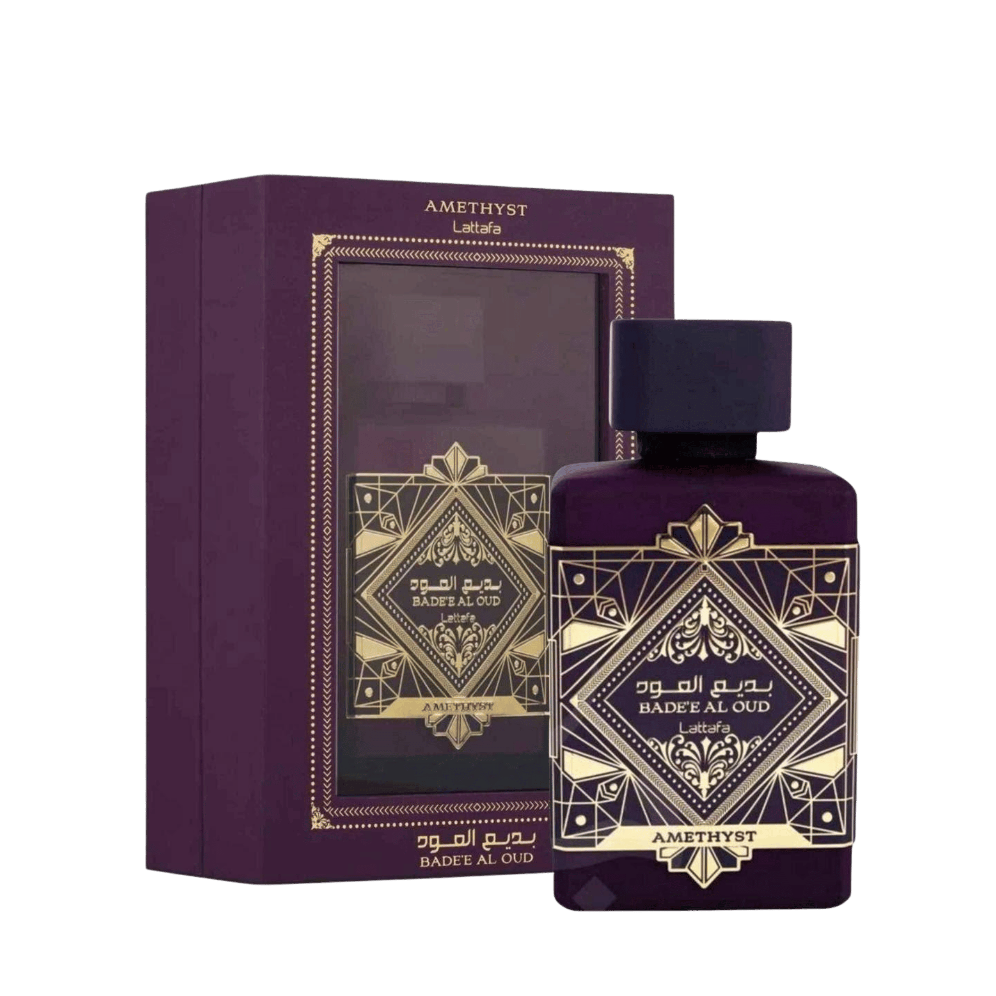 Lattafa Bade'e Al Oud Amethyst apa de parfum, flacon frontal violet regal mat cu ecuson geometric auriu.
