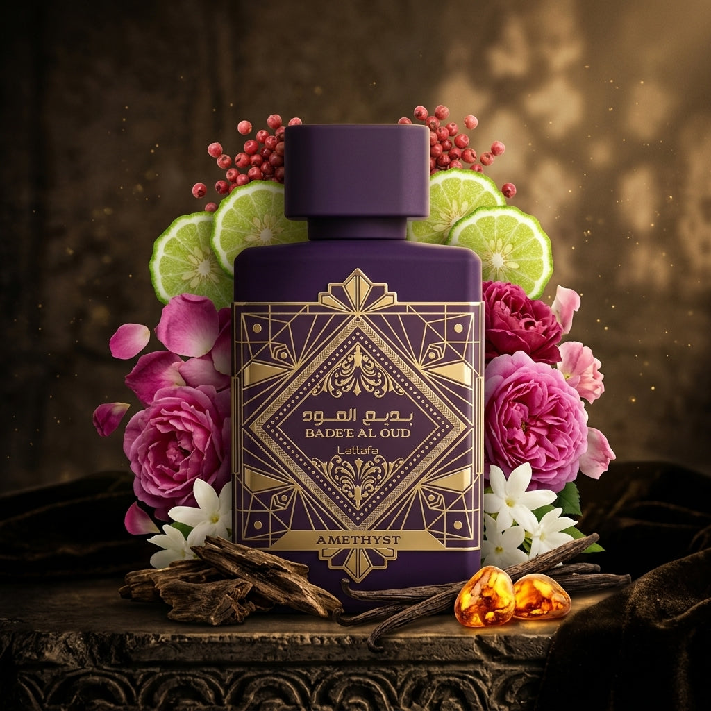 Lattafa Bade'e Al Oud Amethyst apa de parfum alaturi de petale de trandafir, boabe de piper roz, vanilie si lemn de oud.
