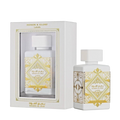 Lattafa Badee Al Oud Honor & Glory apa de parfum, flacon frontal alb regește ornamentat cu detalii aurii.