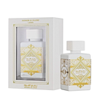 Lattafa Badee Al Oud Honor & Glory apa de parfum, flacon frontal alb regește ornamentat cu detalii aurii.