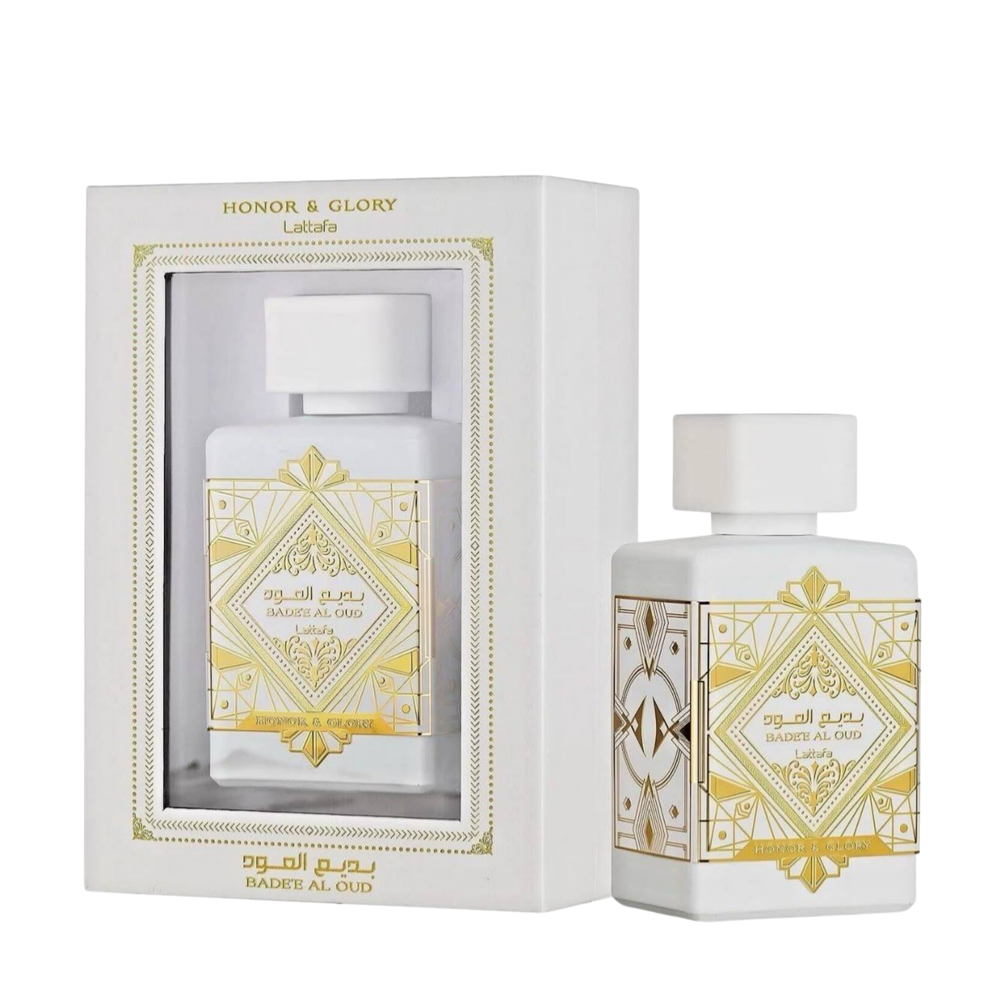 Lattafa Badee Al Oud Honor & Glory apa de parfum, flacon frontal alb regește ornamentat cu detalii aurii.