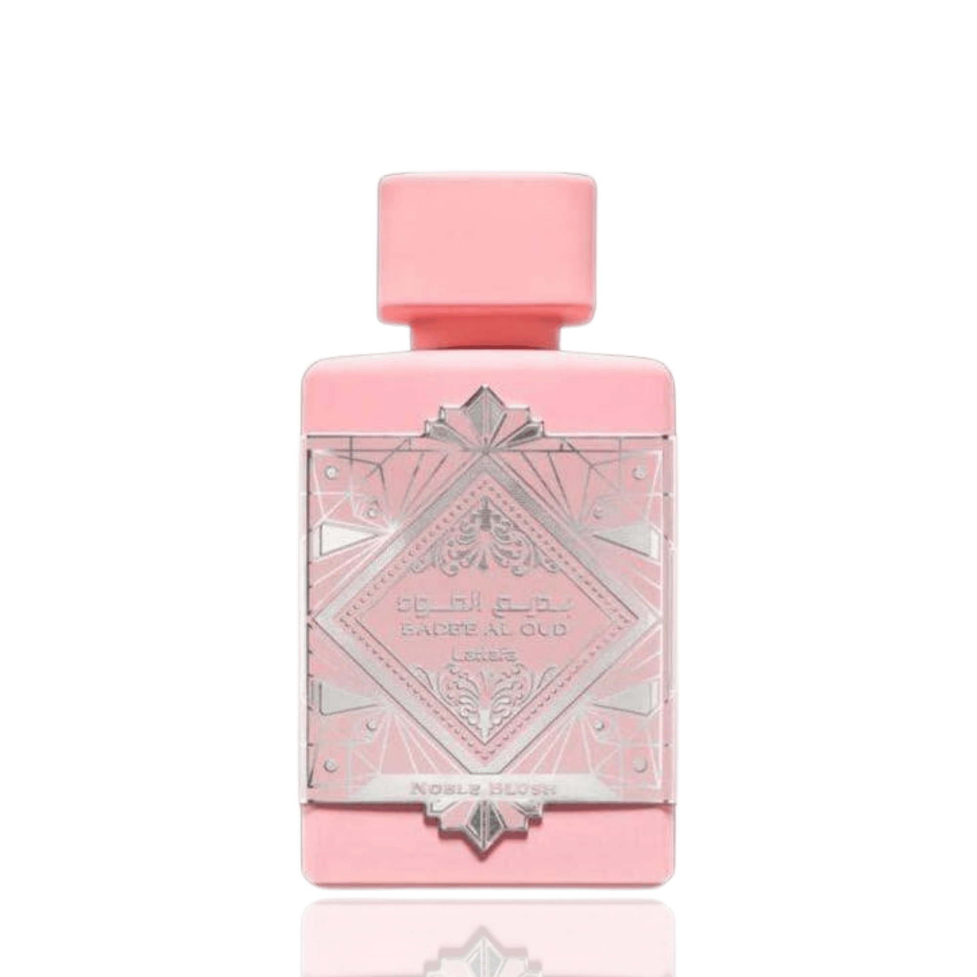 Detaliu flacon Lattafa  Bade'e Al Oud Noble Blush apa de parfum, evidențiind placa metalică și modelul geometric.