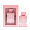 Lattafa Bade'e Al Oud Noble Blush apa de parfum, flacon frontal roz pastel mat cu detalii geometrice argintii.