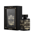Lattafa Bade'e Al Oud Oud for Glory apa de parfum, flacon frontal negru mat cu ornamente geometrice aurii sacre.