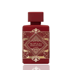 Lattafa Bade'e Al Oud Sublime apa de parfum, detaliu macro cu placheta geometrica auriu-stralucitoare si textura flaconului.