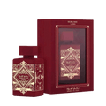 Lattafa Bade'e Al Oud Sublime apa de parfum, flacon frontal rosu burgund cu ornamente geometrice aurii.
