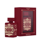 Lattafa Bade'e Al Oud Sublime apa de parfum, flacon frontal rosu burgund cu ornamente geometrice aurii.