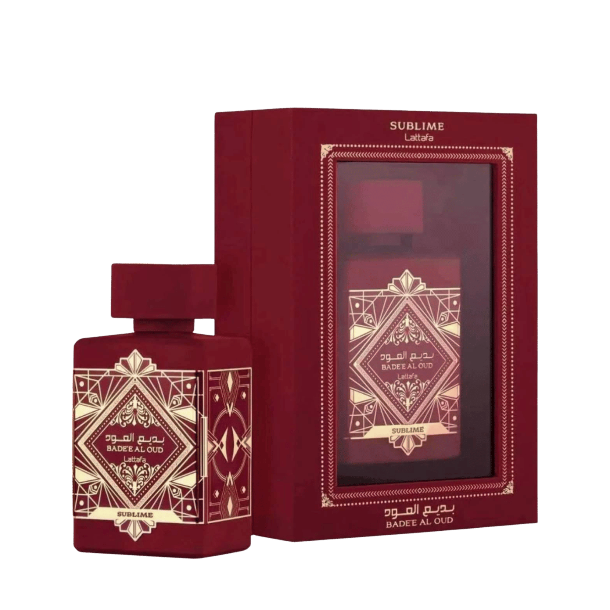 Lattafa Bade'e Al Oud Sublime apa de parfum, flacon frontal rosu burgund cu ornamente geometrice aurii.