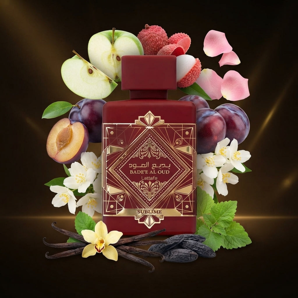 Lattafa Bade'e Al Oud Sublime apa de parfum prezentat langa felii de mar verde, litchi, prune si pastai de vanilie.