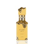 Detaliu flacon Lattafa Eclaire Banoffi apa de parfum, evidențiind finisajul auriu și ornamentele elegante.