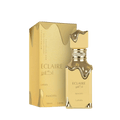 Lattafa Eclaire Banoffi apa de parfum, flacon frontal galben-crem pastelat cu detalii aurii fluide.