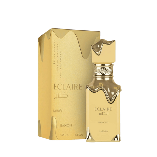 Lattafa Eclaire Banoffi apa de parfum, flacon frontal galben-crem pastelat cu detalii aurii fluide.