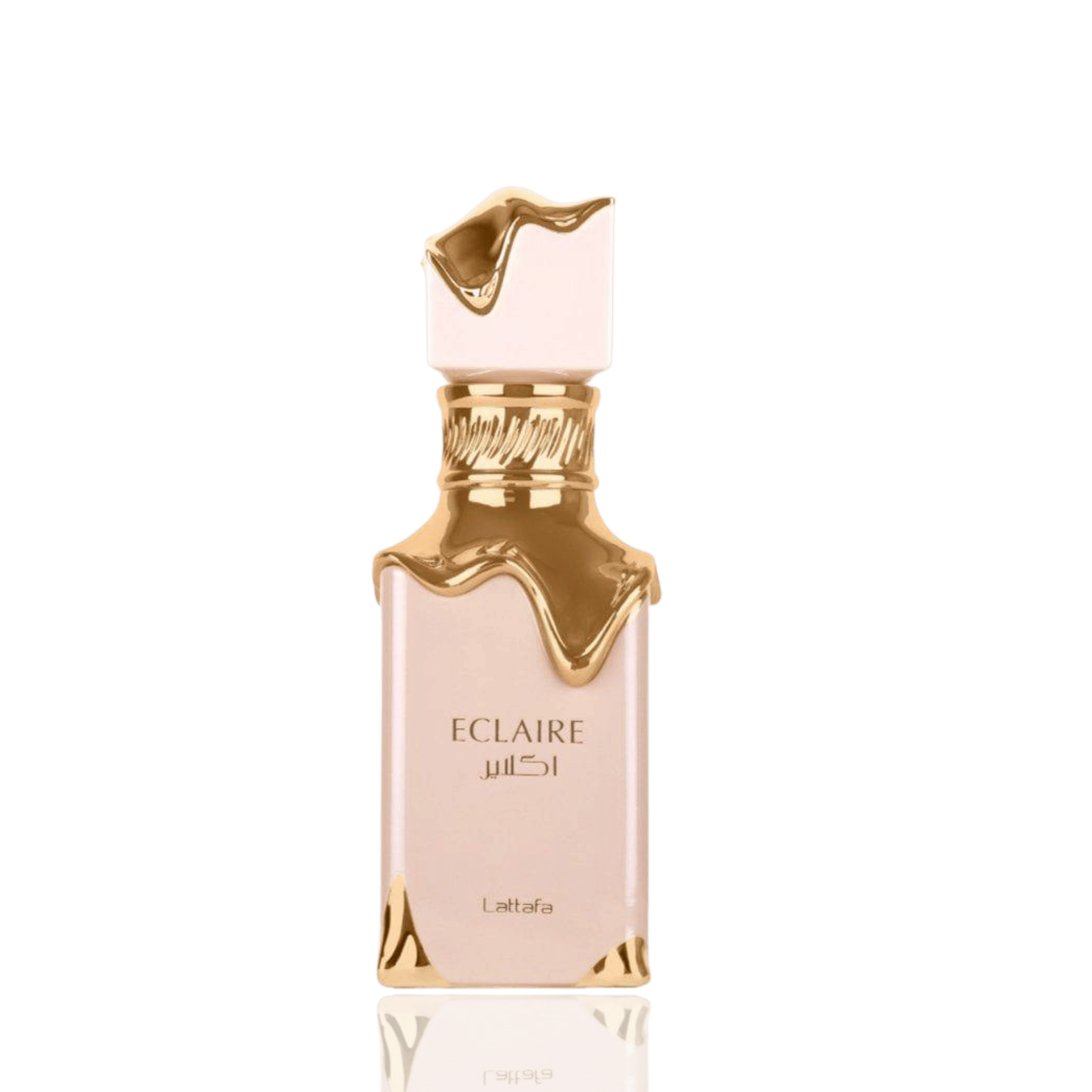 Detaliu flacon Lattafa  Eclaire apa de parfum, evidențiind finisajul auriu și ornamentele elegante.