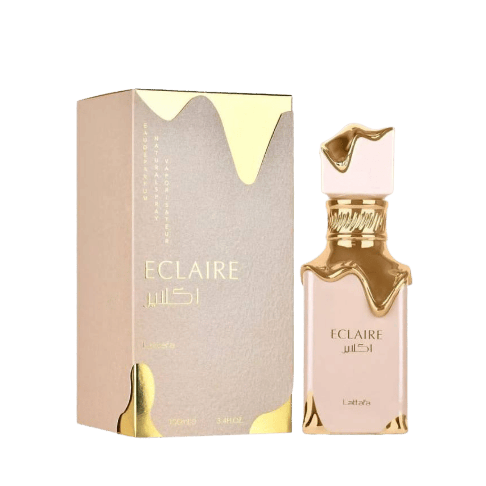 Lattafa  Eclaire apa de parfum, flacon frontal roz-crem pudrat cu detalii aurii fluide.