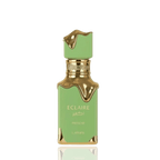 Detaliu flacon Lattafa Eclaire Pistache apa de parfum, evidențiind finisajul auriu și ornamentele elegante.