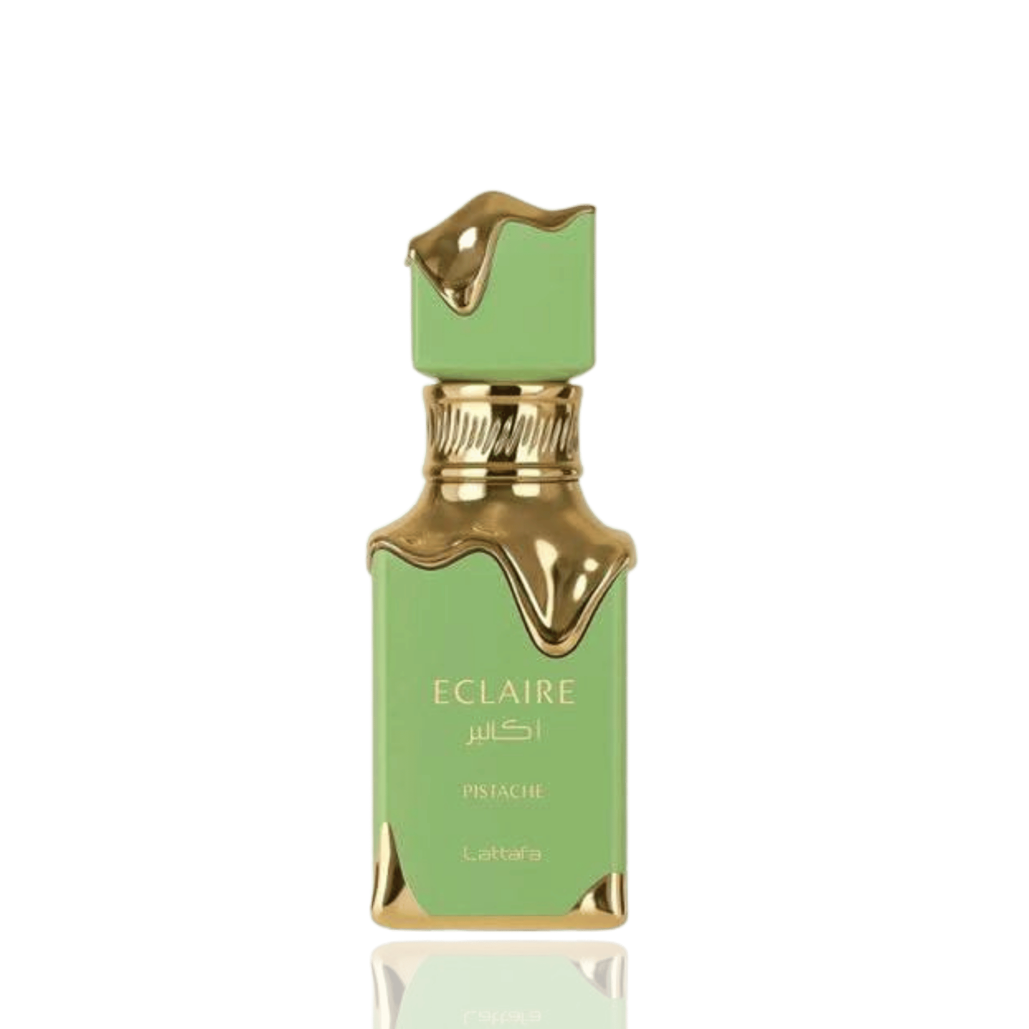 Detaliu flacon Lattafa Eclaire Pistache apa de parfum, evidențiind finisajul auriu și ornamentele elegante.