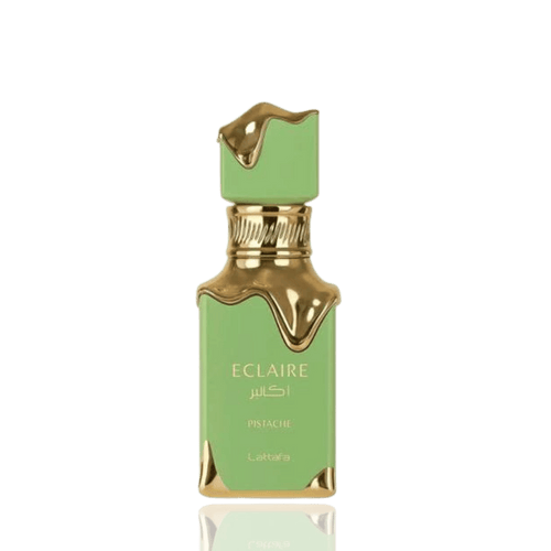 Detaliu flacon Lattafa Eclaire Pistache apa de parfum, evidențiind finisajul auriu și ornamentele elegante.