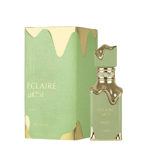 Lattafa  Eclaire Pistache apa de parfum, flacon frontal verde fistic pastel cu detalii aurii fluide.
