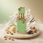 Lattafa Eclaire Pistache apa de parfum original încadrat estetic de ingrediente precum fistic și înghețată.