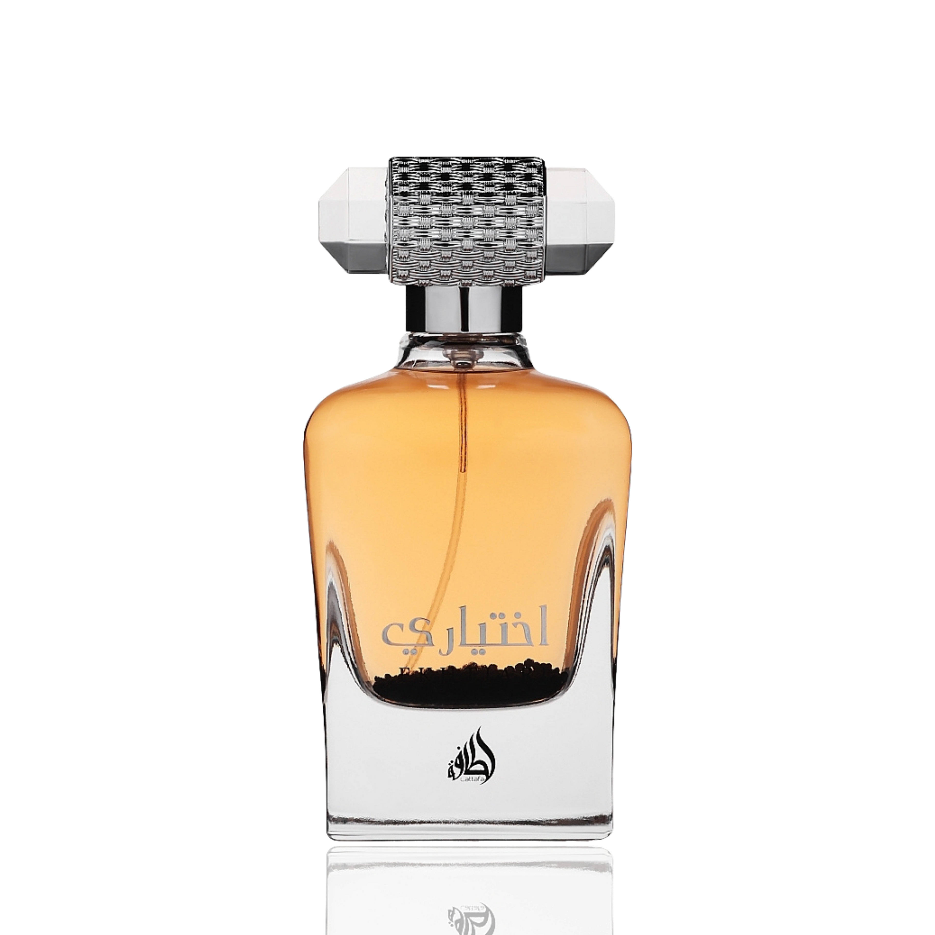 Detaliu flacon Lattafa Ekhtiari apa de parfum, evidențiind finisajele premium și pulverizatorul.