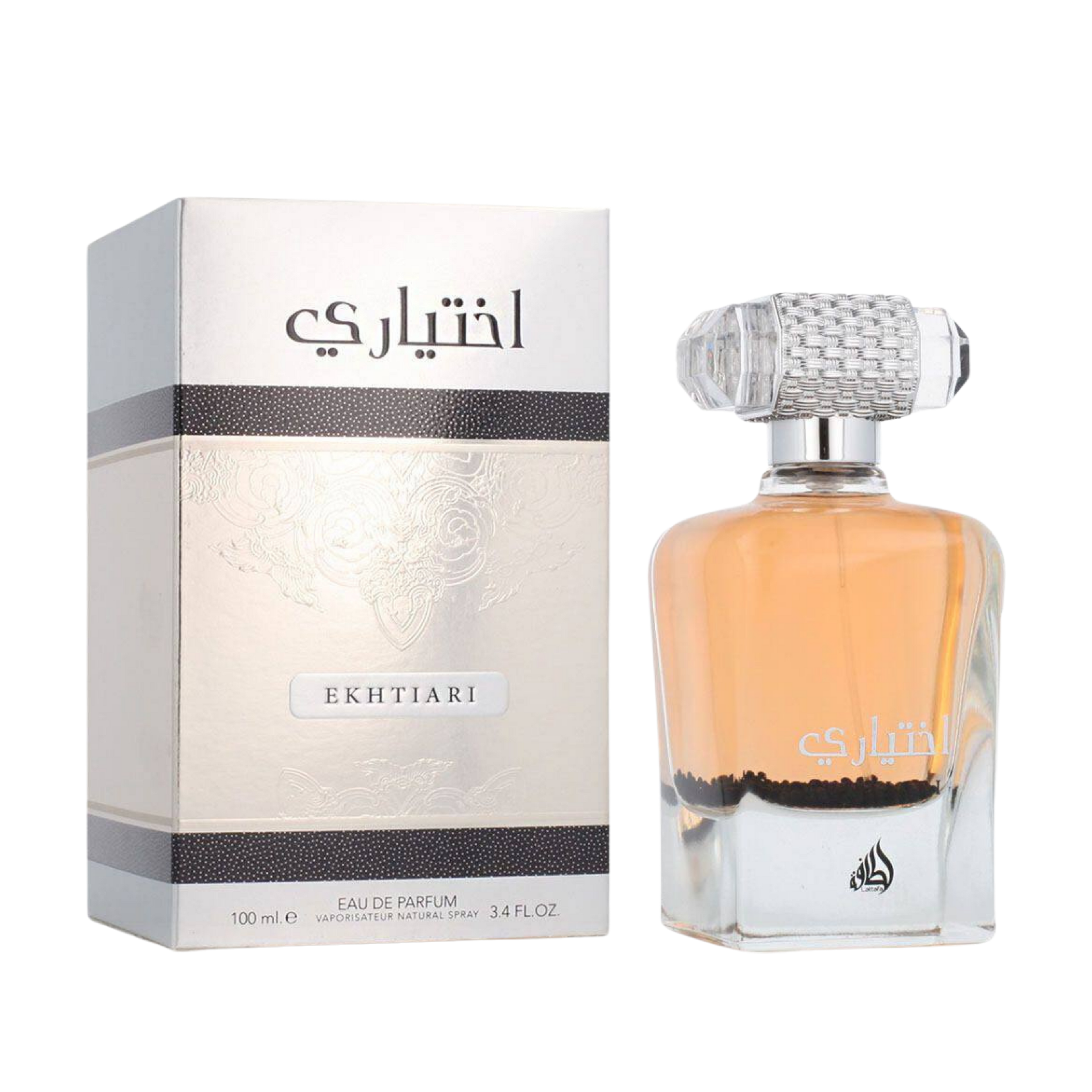 Lattafa Ekhtiari apa de parfum pentru damă, flacon frontal elegant de 100 ml cu design rafinat.