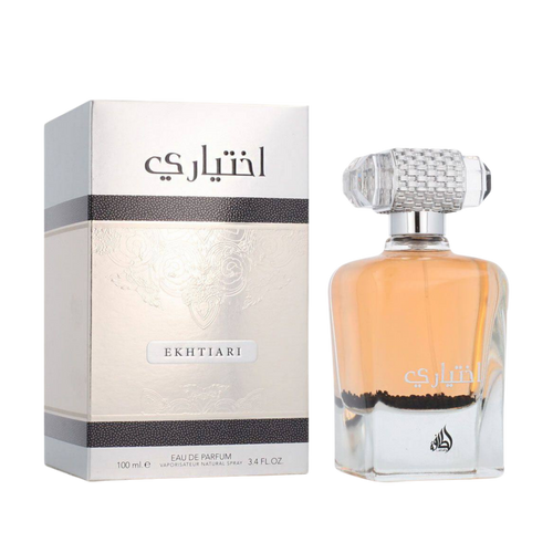 Lattafa Ekhtiari apa de parfum pentru damă, flacon frontal elegant de 100 ml cu design rafinat.
