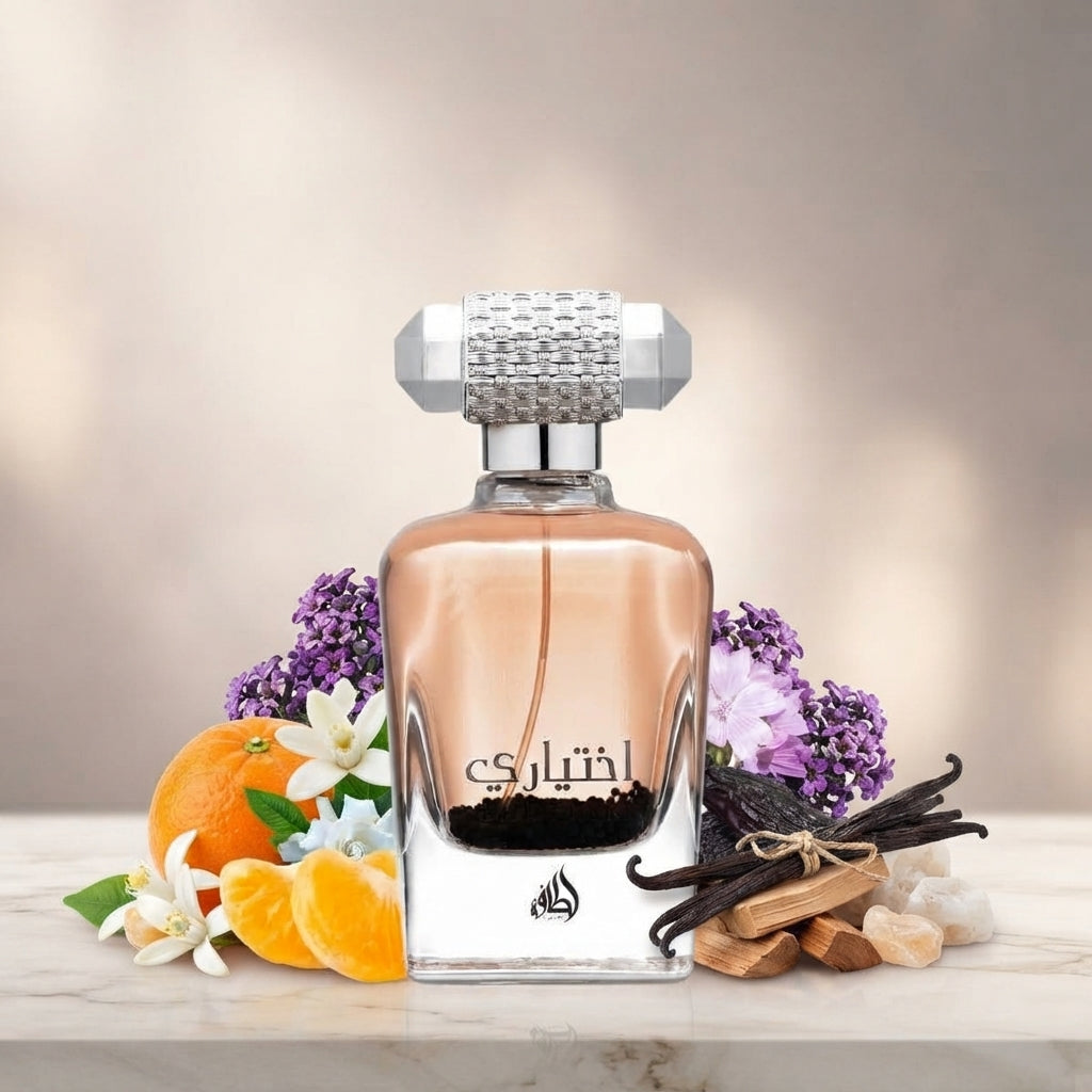 Lattafa Ekhtiari apa de parfum original prezentat alături de iasomie, fructe dulci și vanilie.