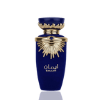 Detaliu flacon Lattafa Emaan apa de parfum, evidențiind armura aurie solară și piatra albastră prețioasă.