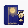 Lattafa Emaan apa de parfum, flacon frontal din catifea albastru regal cu detalii metalice aurii.